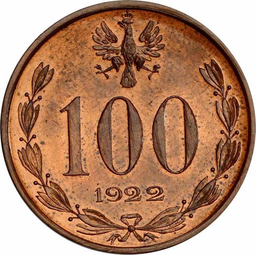 Аверс монеты - Пробные 100 марок 1922 года "Юзеф Пилсудский" Медь - цена  монеты - Польша, II Республика