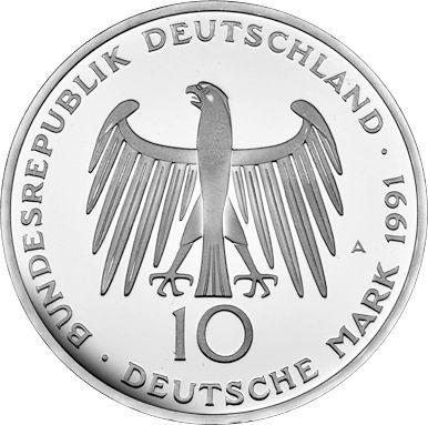 Реверс монеты - 10 марок 1991 года A "Бранденбургские Ворота" - цена серебряной монеты - Германия, ФРГ