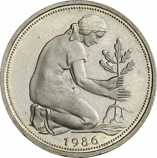 Реверс монеты - 50 пфеннигов 1986 года J - цена  монеты - Германия, ФРГ