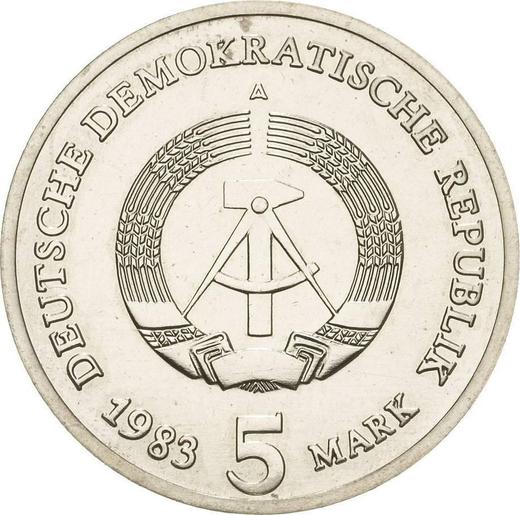 Reverso 5 marcos 1983 A "La Puerta de Brandeburgo" - valor de la moneda  - Alemania, República Democrática Alemana (RDA)