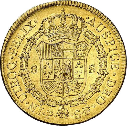 Реверс монеты - 8 эскудо 1776 года P SF - цена золотой монеты - Колумбия, Карл III