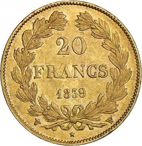 Reverso 20 francos 1839 W "Tipo 1832-1848" Lila - valor de la moneda de oro - Francia, Luis Felipe I
