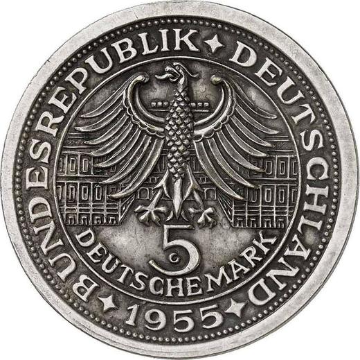 Реверс монеты - 5 марок 1955 года G "Маркграф Баденский" Латунь Покрыта серебром - цена  монеты - Германия, ФРГ