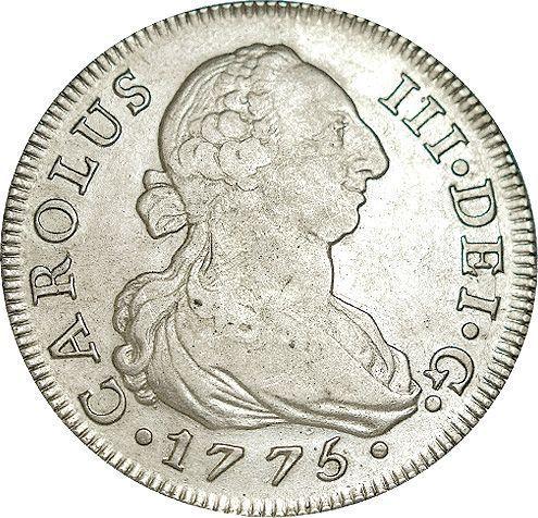 Аверс монеты - 8 реалов 1775 года S CF - цена серебряной монеты - Испания, Карл III