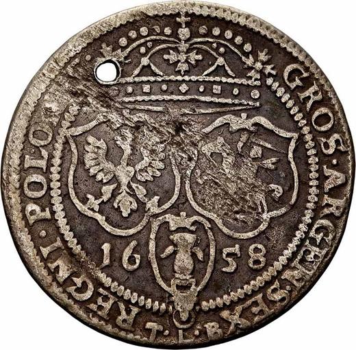 Реверс монеты - Шестак (6 грошей) 1658 года TLB "Портрет с обводкой" Год под гербами - цена серебряной монеты - Польша, Ян II Казимир