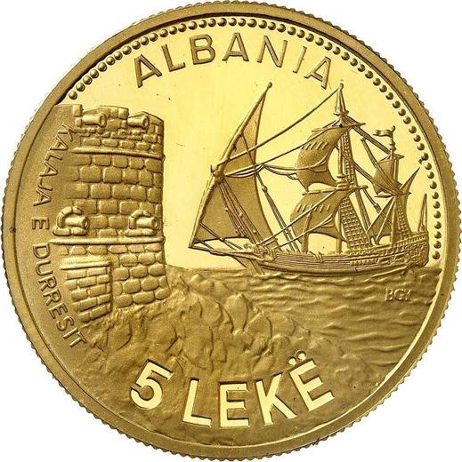 Anverso 5 leke 1987 "Puerto de Durrës" - valor de la moneda de oro - Albania, República Popular