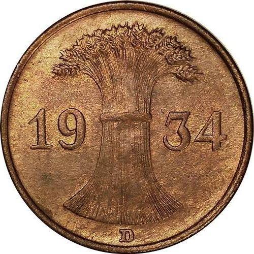 Reverso 1 Reichspfennig 1934 D - valor de la moneda  - Alemania, República de Weimar
