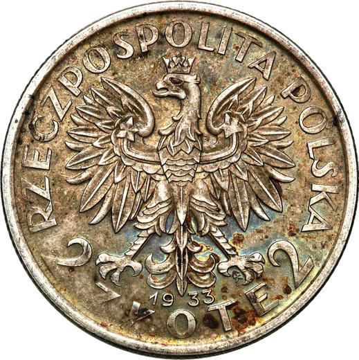 Reverso Pruebas 2 eslotis 1933 "Polonia" Inscripción en relieve PRÓBA - valor de la moneda de plata - Polonia, Segunda República