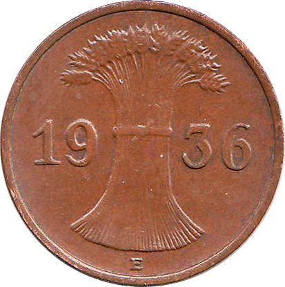 Реверс монеты - 1 рейхспфенниг 1936 года E - цена  монеты - Германия, Bеймарская республика