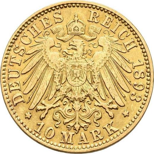 Reverso 10 marcos 1893 J "Hamburg" - valor de la moneda de oro - Alemania, Imperio alemán