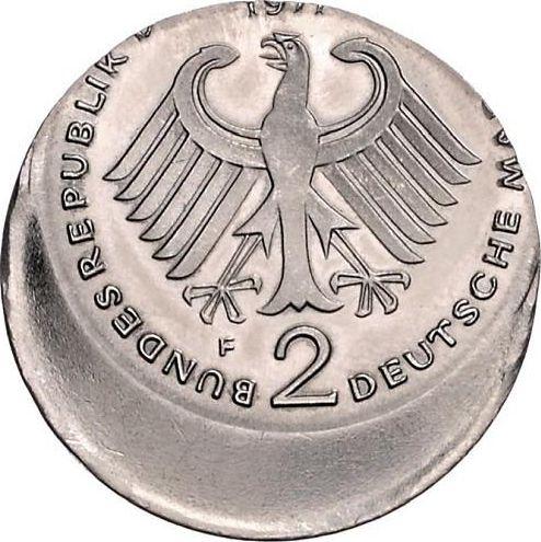 Reverso 2 marcos 1970-1987 "Theodor Heuss" Desplazamiento del sello - valor de la moneda  - Alemania, RFA