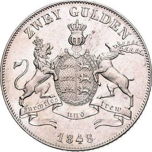 Реверс монеты - 2 гульдена 1848 года - цена серебряной монеты - Вюртемберг, Вильгельм I