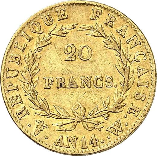 Реверс монеты - 20 франков AN 14 (1805-1806) года W Лилль - цена золотой монеты - Франция, Наполеон I