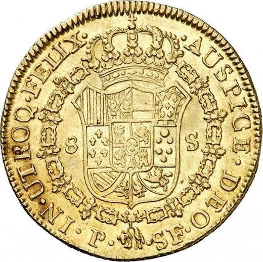 Реверс монеты - 8 эскудо 1782 года P SF - цена золотой монеты - Колумбия, Карл III