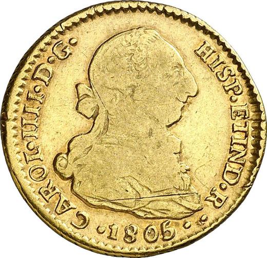 Awers monety - 2 escudo 1805 So FJ - cena złotej monety - Chile, Karol IV