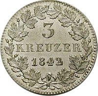 Реверс монеты - 3 крейцера 1842 года - цена серебряной монеты - Бавария, Людвиг I