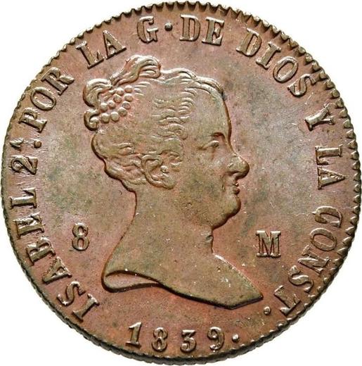 Anverso 8 maravedíes 1839 Ja "Valor nominal sobre el reverso" - valor de la moneda  - España, Isabel II