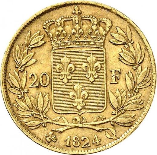Reverse 20 Francs 1824 Q "Type 1816-1824" Perpignan - France, Louis XVIII