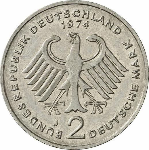 Reverse 2 Mark 1974 J "Theodor Heuss" -  Coin Value - Germany, FRG