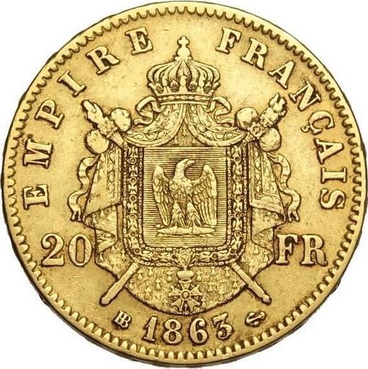 Reverso 20 francos 1863 BB "Tipo 1861-1870" Estrasburgo - valor de la moneda de oro - Francia, Napoleón III Bonaparte