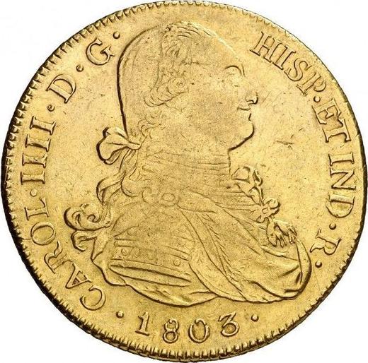 Obverse 8 Escudos 1803 PTS PJ - Gold Coin Value - Bolivia, Charles IV