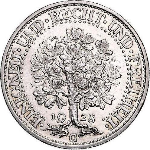 Rewers monety - 5 reichsmark 1928 G "Dąb" - cena srebrnej monety - Niemcy, Republika Weimarska