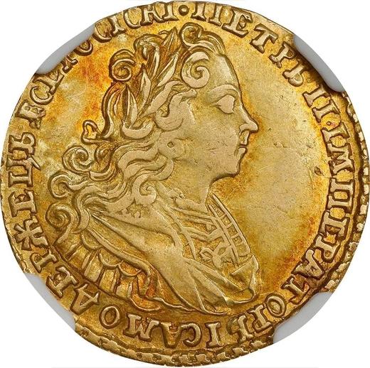 Аверс монеты - 2 рубля 1727 года С бантом у лаврового венка Над головой точка - цена золотой монеты - Россия, Петр II