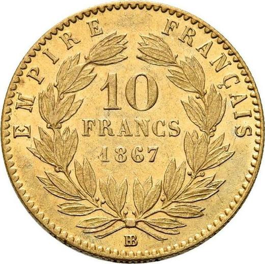 Reverso 10 francos 1867 BB "Tipo 1861-1868" Estrasburgo - valor de la moneda de oro - Francia, Napoleón III Bonaparte