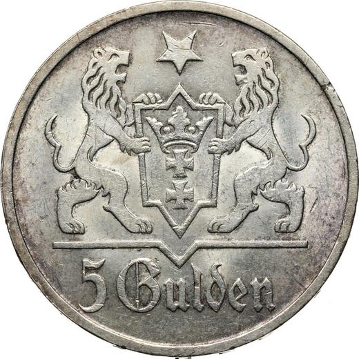 Аверс монеты - 5 гульденов 1923 года "Костел Святой Марии" - цена серебряной монеты - Польша, Вольный город Данциг
