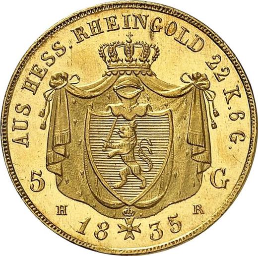 Rewers monety - 5 guldenów 1835 C.V.  H.R. - cena złotej monety - Hesja-Darmstadt, Ludwik II