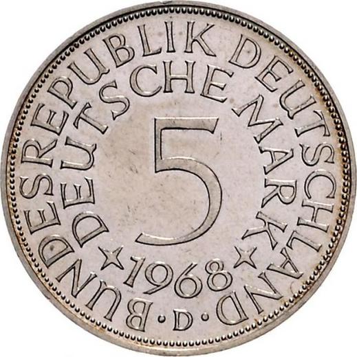 Anverso 5 marcos 1968 D - valor de la moneda de plata - Alemania, RFA