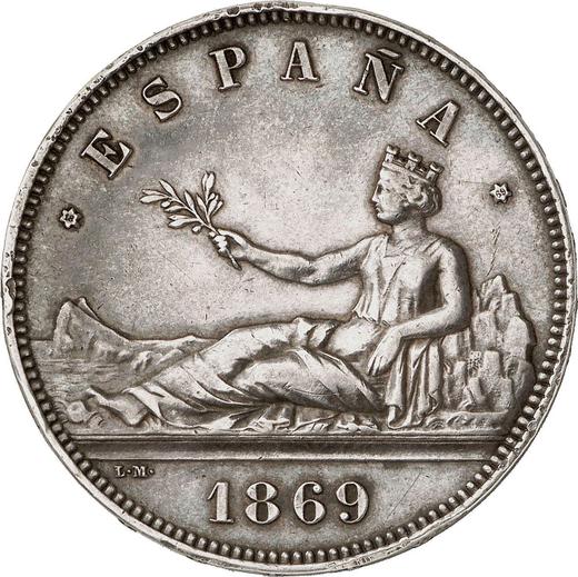 Аверс монеты - 5 песет 1869 года SNM - цена серебряной монеты - Испания, Временное правительство