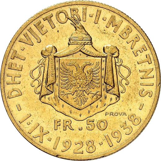 Reverso Pruebas 50 franga ari 1938 R Inscripción PROVA - valor de la moneda de oro - Albania, Zog I