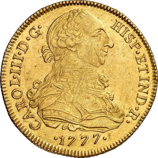 Anverso 8 escudos 1777 MJ - valor de la moneda de oro - Perú, Carlos III