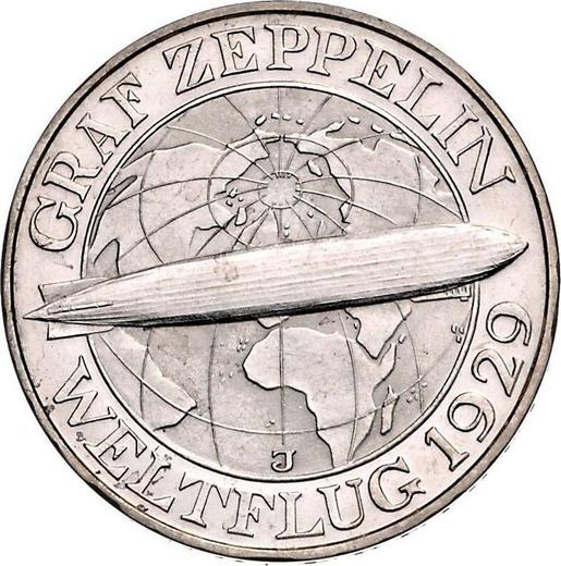 Реверс монеты - 3 рейхсмарки 1930 года J "Цеппелин" - цена серебряной монеты - Германия, Bеймарская республика