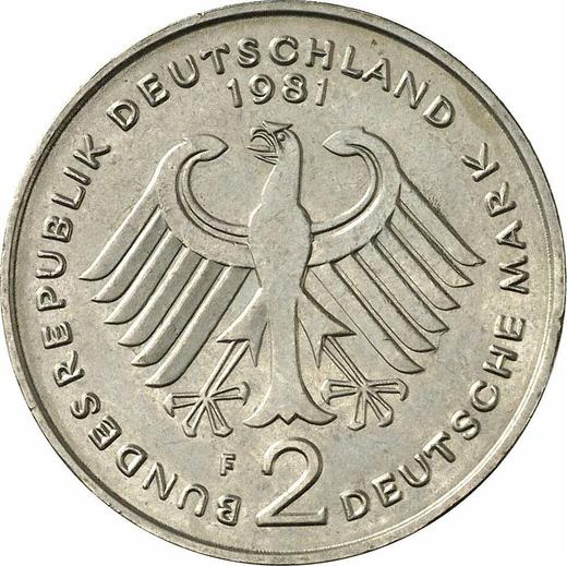 Reverse 2 Mark 1981 F "Theodor Heuss" -  Coin Value - Germany, FRG