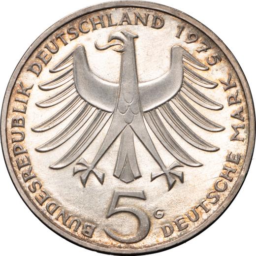 Rewers monety - 5 marek 1975 G "Albert Schweitzer" - cena srebrnej monety - Niemcy, RFN