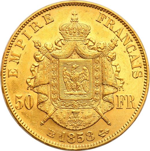 Reverso 50 francos 1858 BB "Tipo 1855-1860" Estrasburgo - valor de la moneda de oro - Francia, Napoleón III Bonaparte