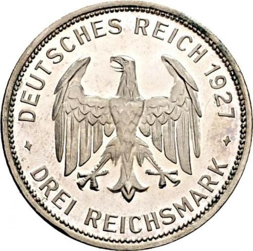Аверс монеты - 3 рейхсмарки 1927 года F "Тюбингенский университет" - цена серебряной монеты - Германия, Bеймарская республика