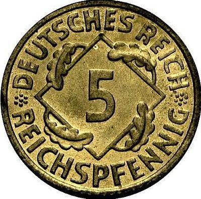 Аверс монеты - 5 рейхспфеннигов 1924 года G - цена  монеты - Германия, Bеймарская республика