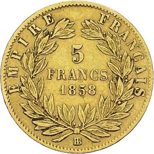 Reverso 5 francos 1858 BB "Tipo 1855-1860" Estrasburgo - valor de la moneda de oro - Francia, Napoleón III Bonaparte