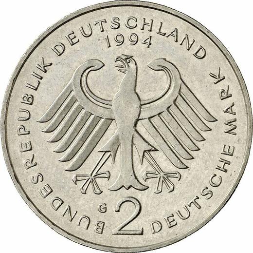 Reverse 2 Mark 1994 G "Franz Josef Strauss" -  Coin Value - Germany, FRG