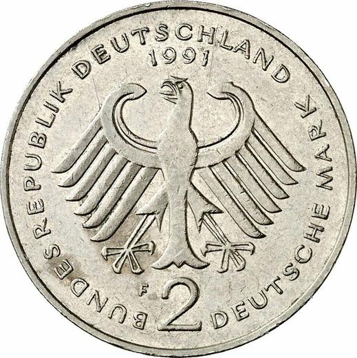 Rewers monety - 2 marki 1991 F "Franz Josef Strauss" - cena  monety - Niemcy, RFN