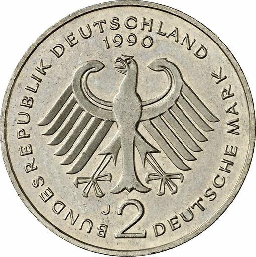 Reverse 2 Mark 1990 J "Kurt Schumacher" -  Coin Value - Germany, FRG