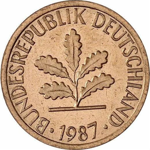 Реверс монеты - 1 пфенниг 1987 года G - цена  монеты - Германия, ФРГ