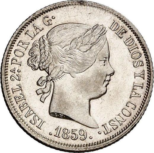 Аверс монеты - 2 реала 1859 года Шестиконечные звёзды - цена серебряной монеты - Испания, Изабелла II