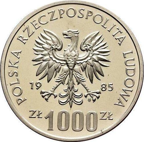 Аверс монеты - Пробные 1000 злотых 1985 года MW "40 лет ООН" Серебро - цена серебряной монеты - Польша, Народная Республика