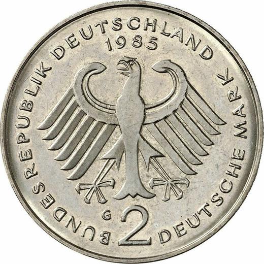 Reverso 2 marcos 1985 G "Theodor Heuss" - valor de la moneda  - Alemania, RFA