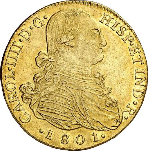 Аверс монеты - 8 эскудо 1801 года NR JJ - цена золотой монеты - Колумбия, Карл IV