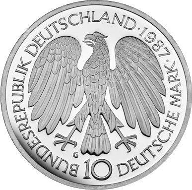 Реверс монеты - 10 марок 1987 года G "Римские соглашения" - цена серебряной монеты - Германия, ФРГ